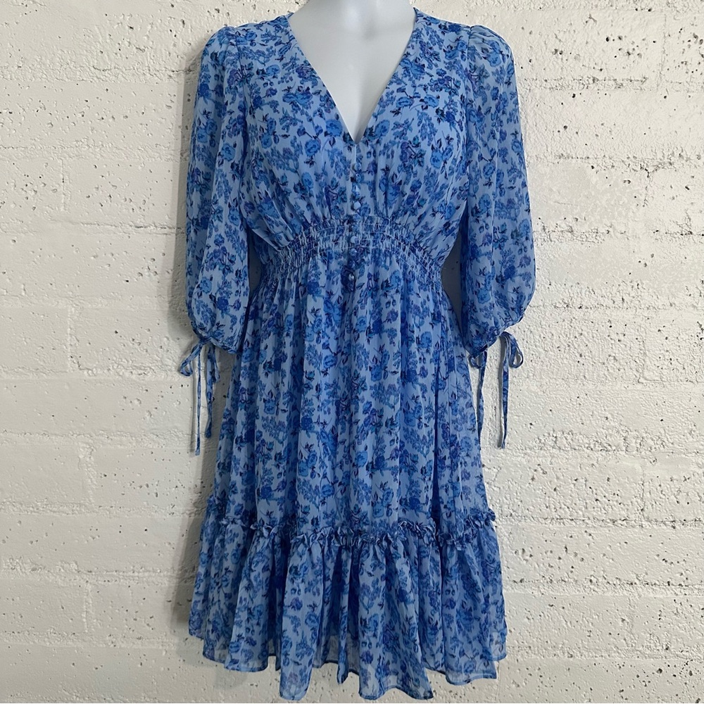 Taylor Womens Dress 4 Blue Floral V Neck Peasant Lined Knee Length Tie Sleeve